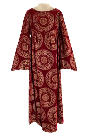 1930s Franco Bertoli Hand Painted Gold Patterned Caftan Dress on A Deep Red Silk Velvet