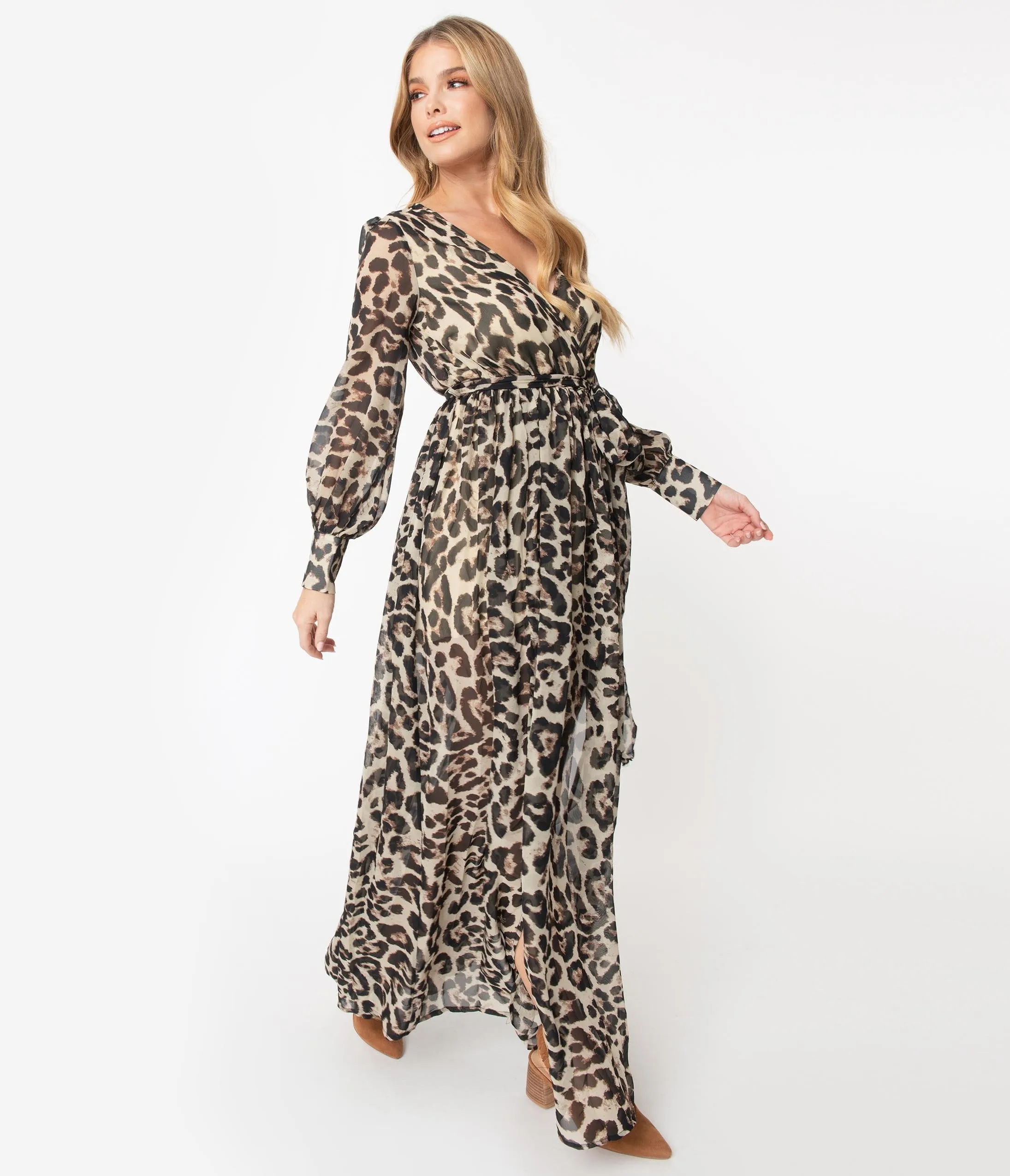 1970s Leopard Print Long Sleeve Maxi Dress