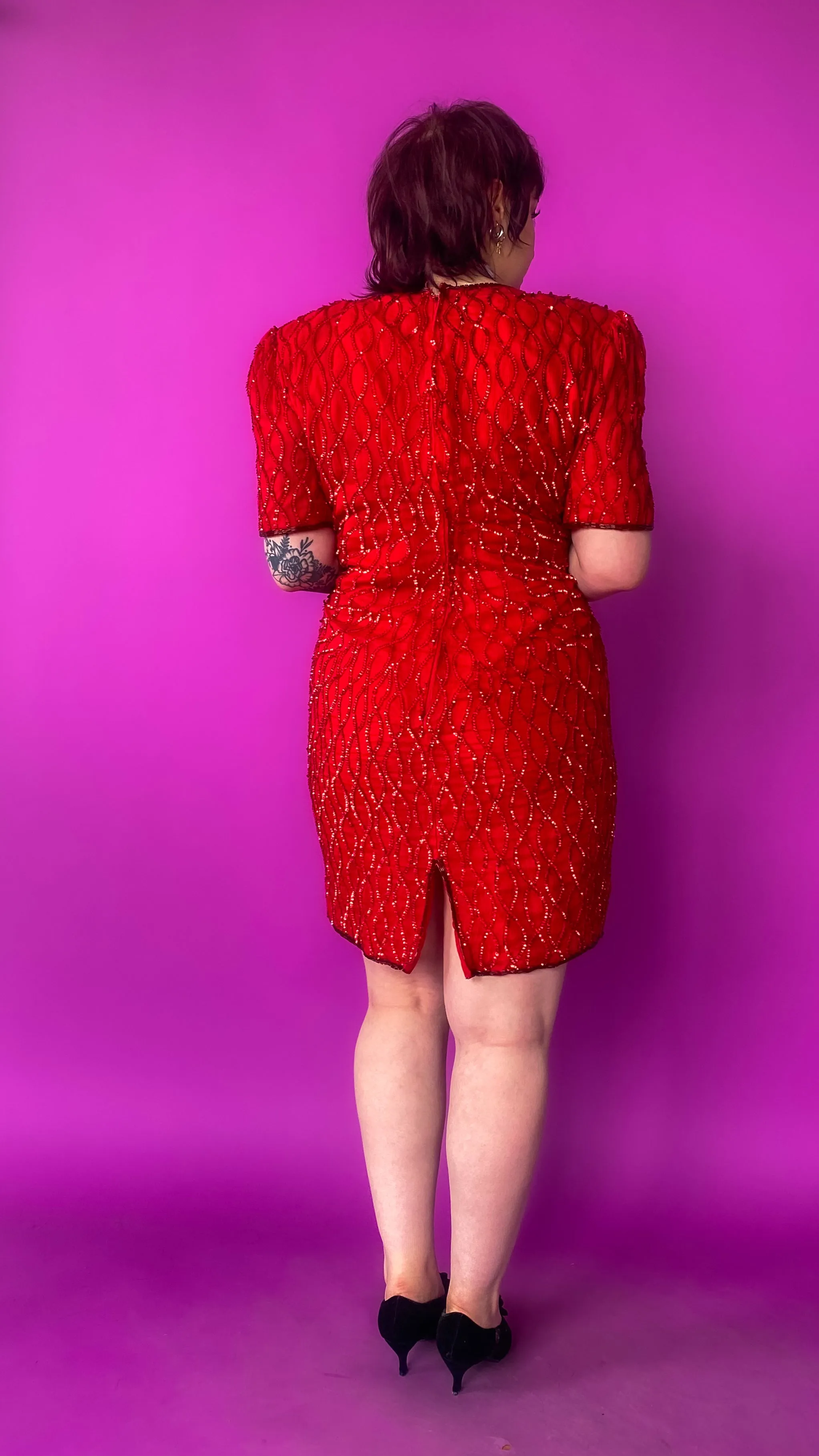 1980s Red Hot Sequin Dress, sz. Large