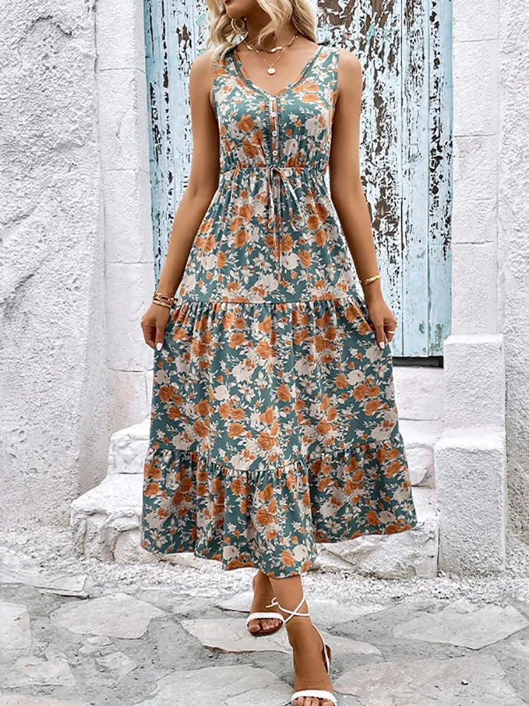 2024 Elegant Floral Sleeveless Ruffle Boho Dress