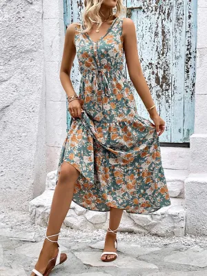 2024 Elegant Floral Sleeveless Ruffle Boho Dress