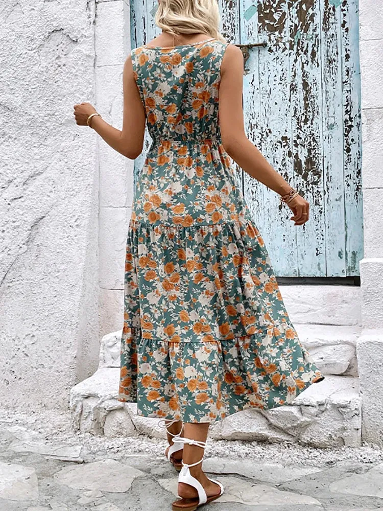 2024 Elegant Floral Sleeveless Ruffle Boho Dress