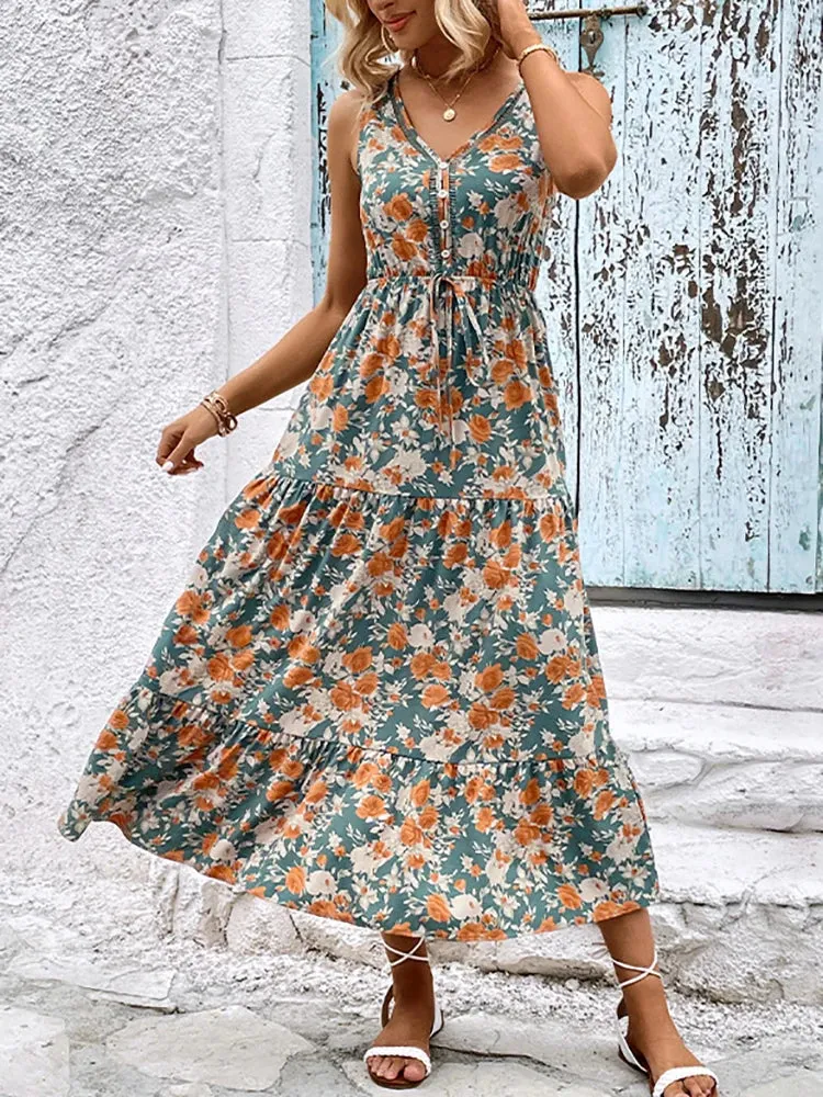 2024 Elegant Floral Sleeveless Ruffle Boho Dress