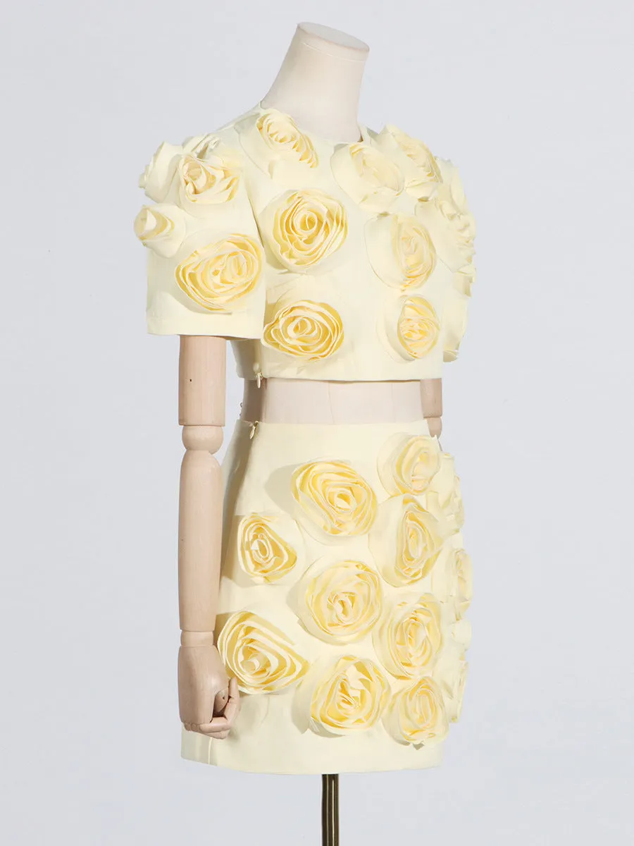 3D FLOWER BUBBLE SLEEVE TOP SKIRT SUIT IN YELLOW