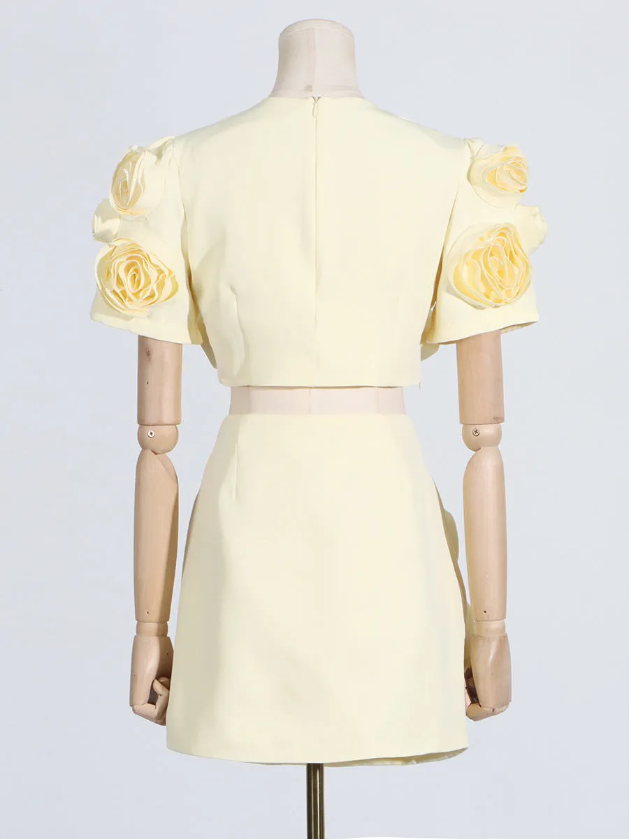 3D FLOWER BUBBLE SLEEVE TOP SKIRT SUIT IN YELLOW