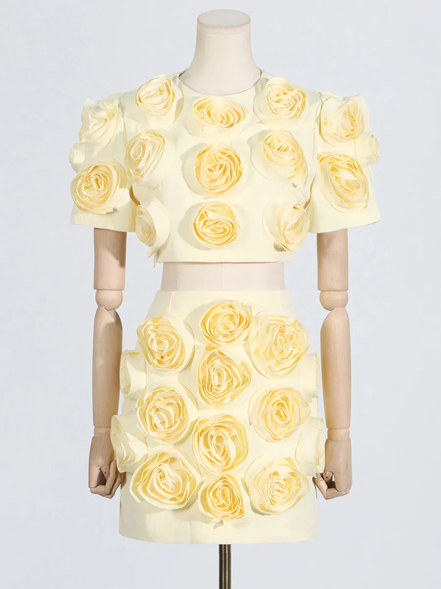 3D FLOWER BUBBLE SLEEVE TOP SKIRT SUIT IN YELLOW