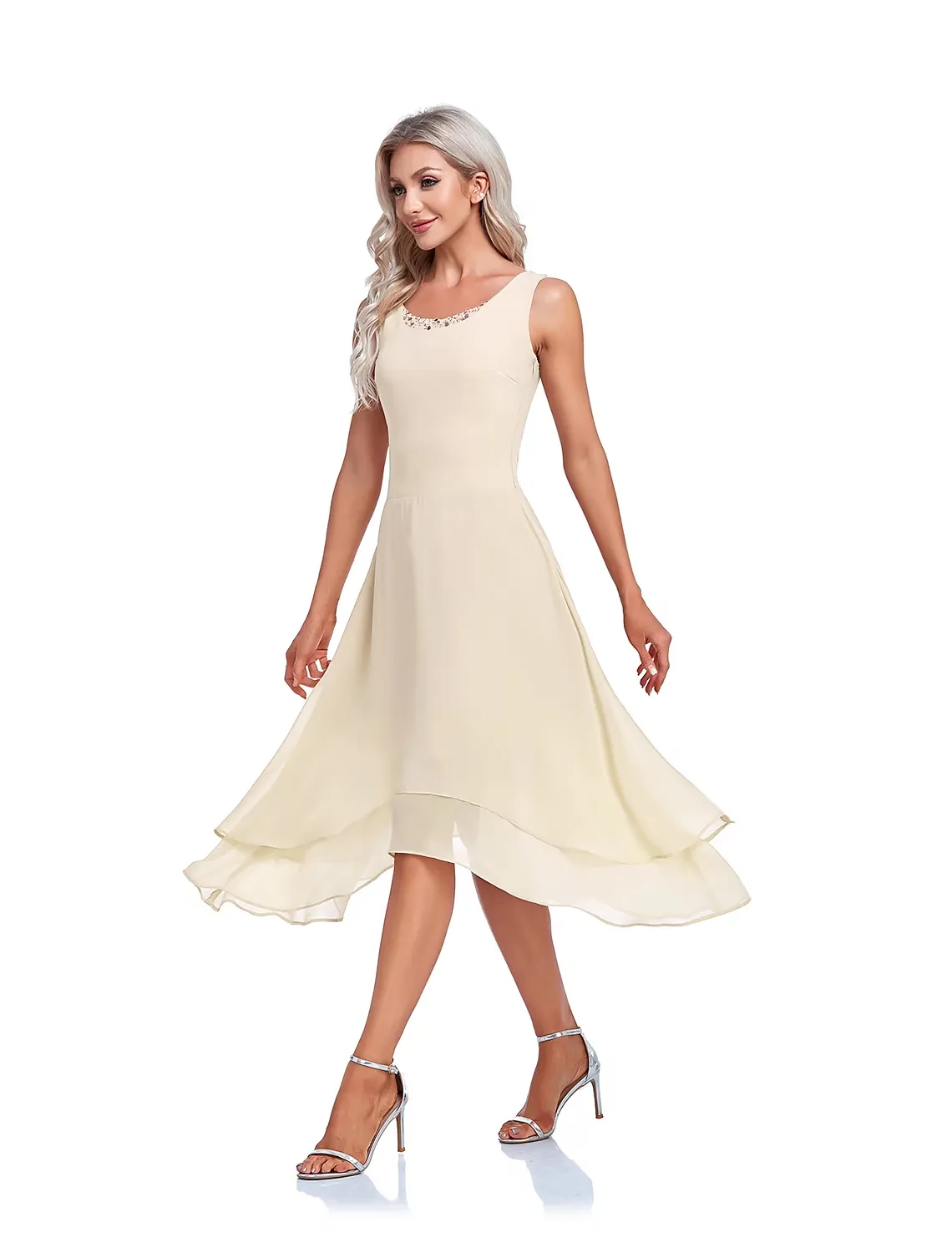 A-Line Mother of the Bride Dress Elegant High Low Wrap Included Jewel Neck Asymmetrical Tea Length Imitated Silk Sleeveless Wrap Included with Beading Ruffles Embroidery