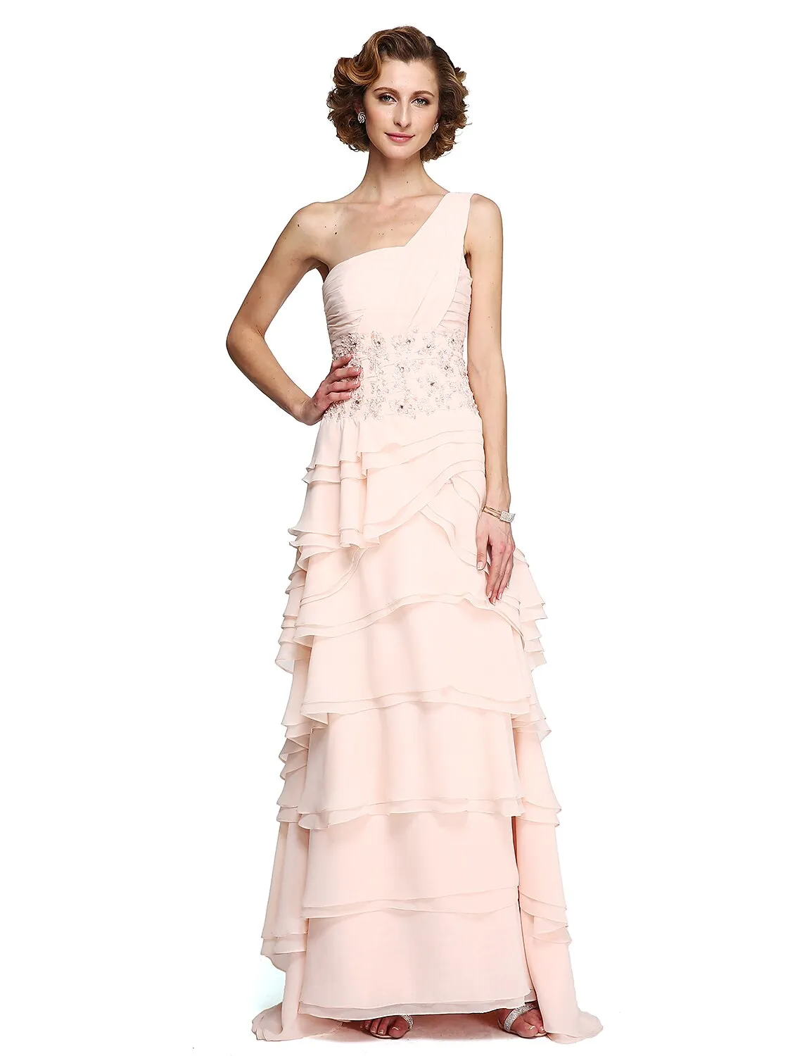 A-Line Mother of the Bride Dress Elegant One Shoulder Floor Length Chiffon Lace Sleeveless No with Pleats Ruched Beading