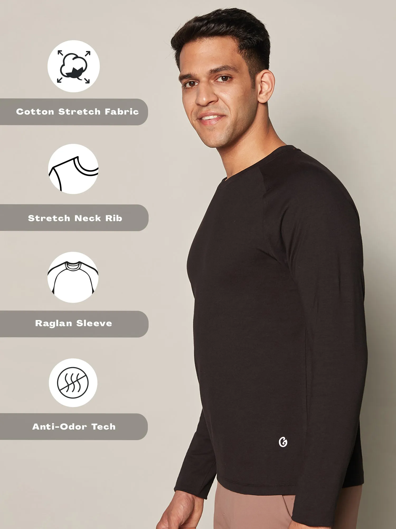 Anti Odor Cotton Long Sleeve Round Neck T-Shirt - Black