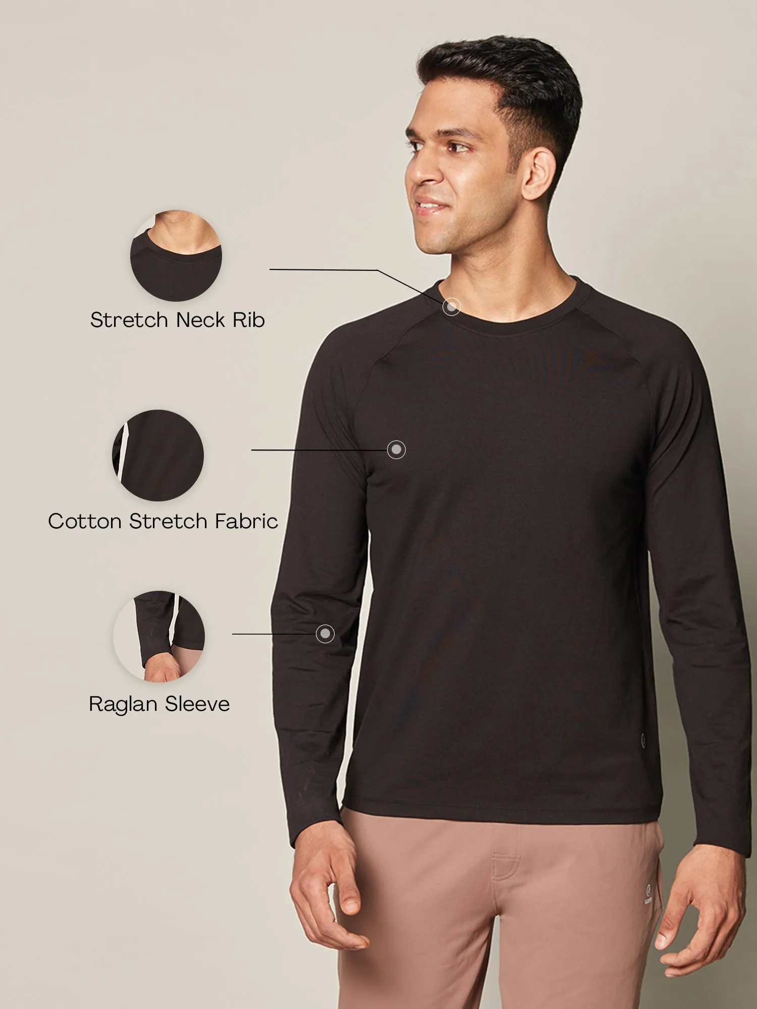 Anti Odor Cotton Long Sleeve Round Neck T-Shirt - Black