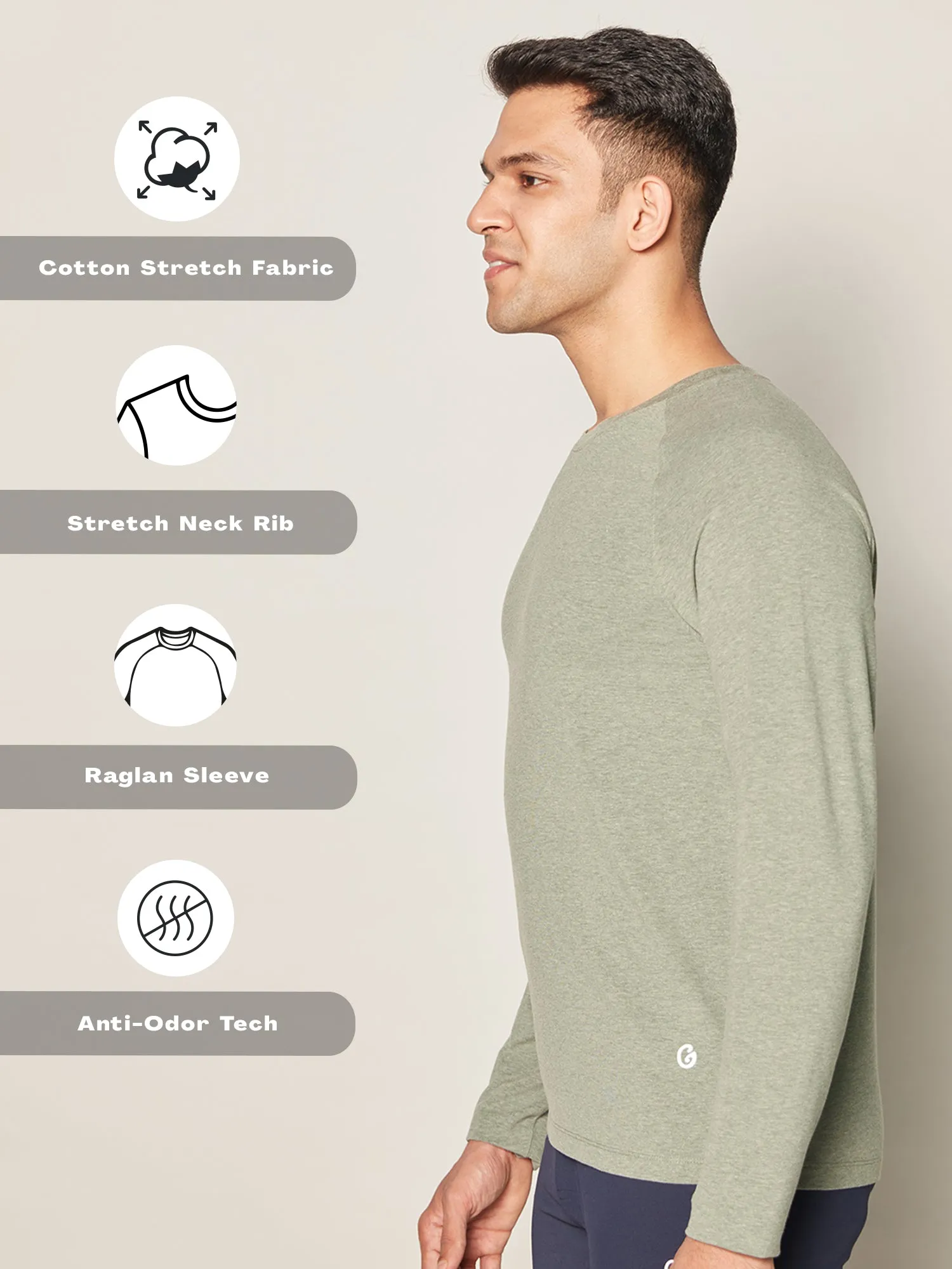 Anti Odor Cotton Long Sleeve Round Neck T-Shirt - Olive Melange