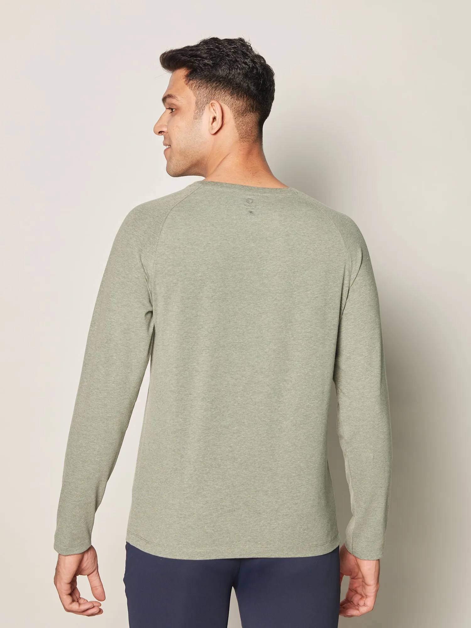 Anti Odor Cotton Long Sleeve Round Neck T-Shirt - Olive Melange