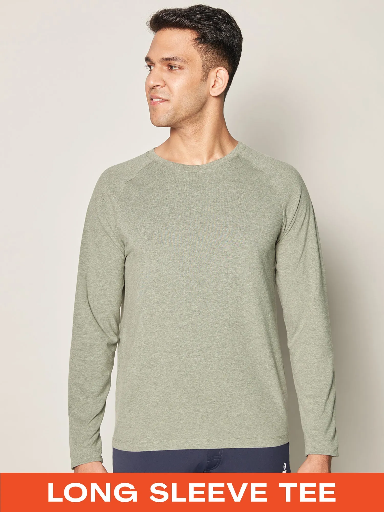 Anti Odor Cotton Long Sleeve Round Neck T-Shirt - Olive Melange