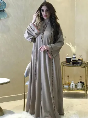 Arabic Abaya Caftan Robe Dress with Diamond Tape Collar