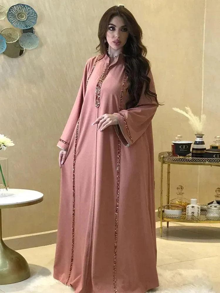 Arabic Abaya Caftan Robe Dress with Diamond Tape Collar