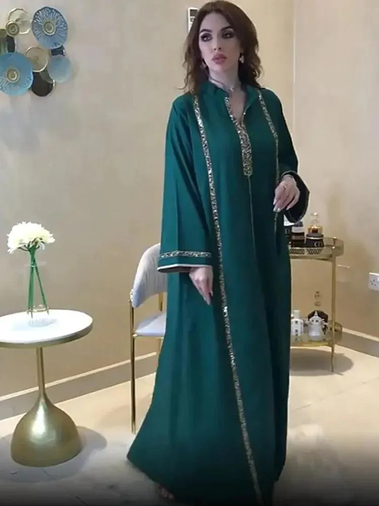 Arabic Abaya Caftan Robe Dress with Diamond Tape Collar