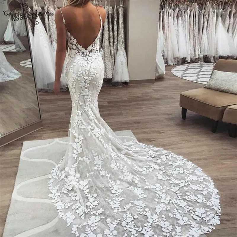 Backless Lace Beach Boho Mermaid Wedding Day Bridal Gown