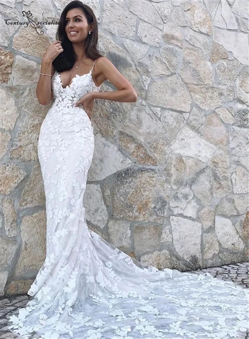 Backless Lace Beach Boho Mermaid Wedding Day Bridal Gown