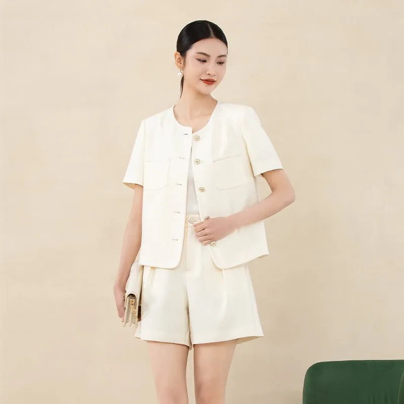 Beige Short Sleeve Coat with Metal Buttons