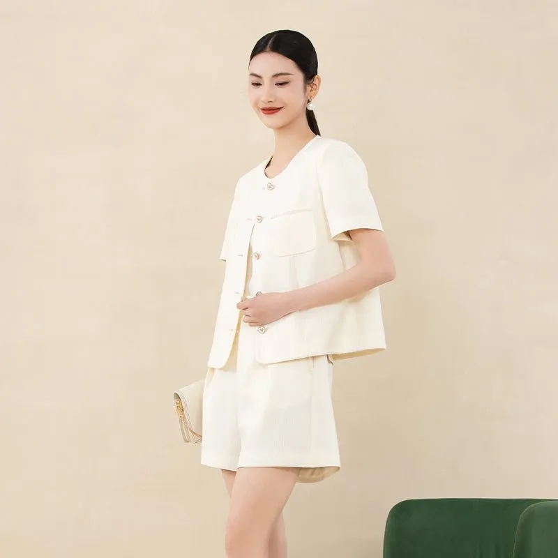 Beige Short Sleeve Coat with Metal Buttons