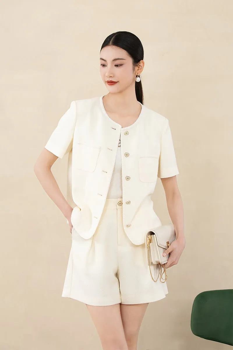 Beige Short Sleeve Coat with Metal Buttons