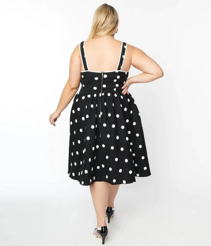 Black and Ivory Flocked Polka Dot Pinafore Swing Dress