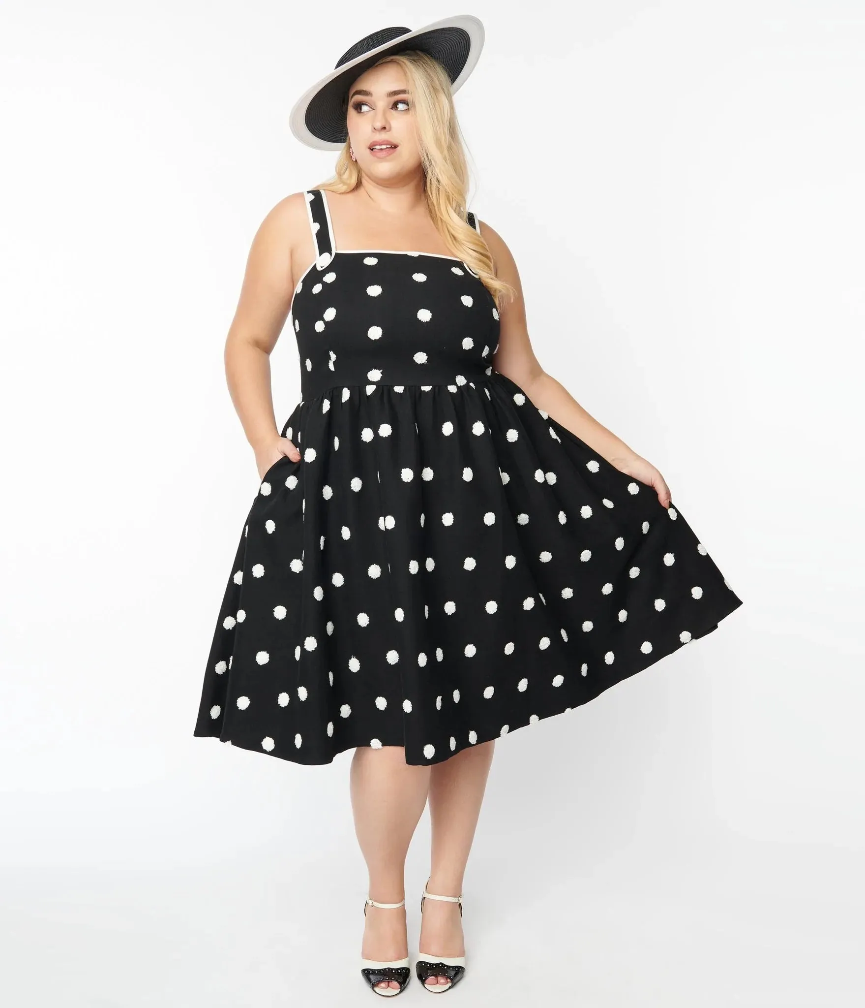 Black and Ivory Flocked Polka Dot Pinafore Swing Dress