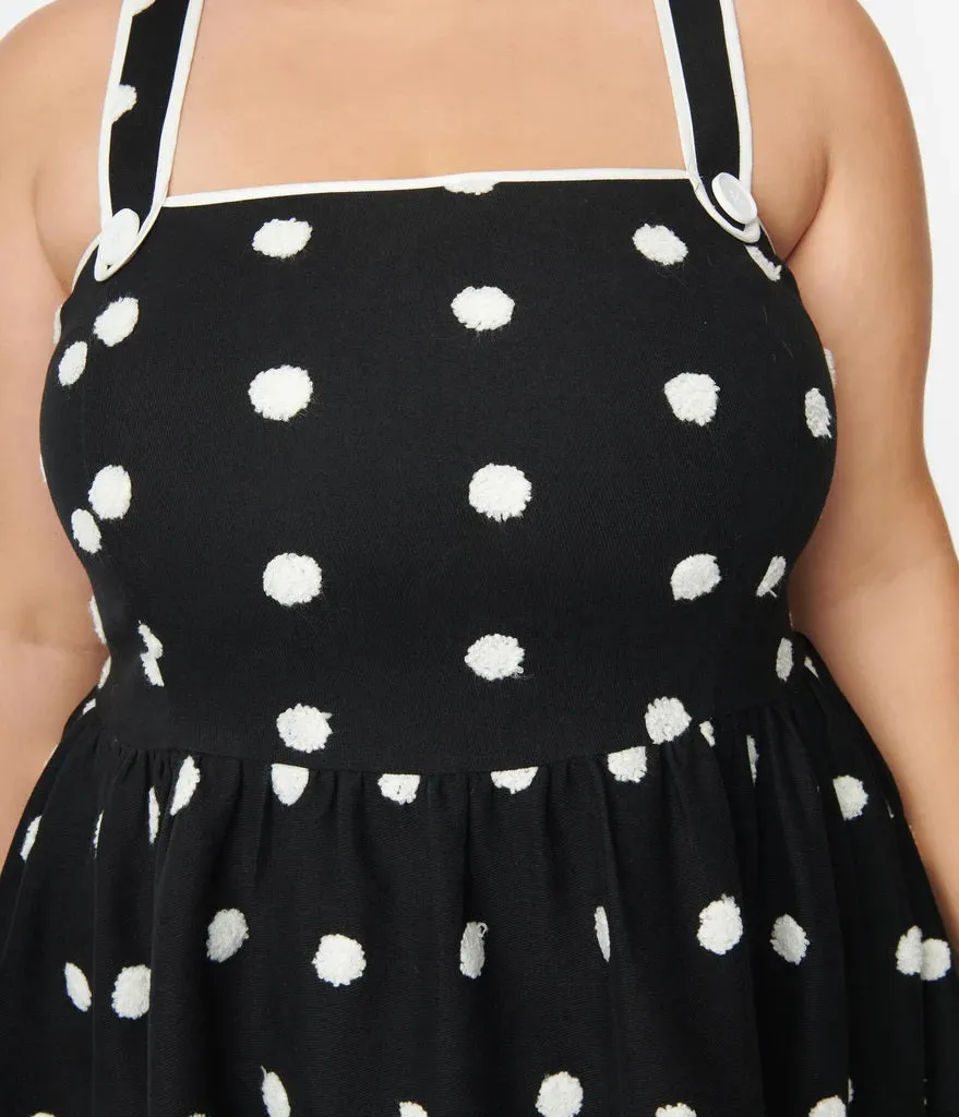 Black and Ivory Flocked Polka Dot Pinafore Swing Dress