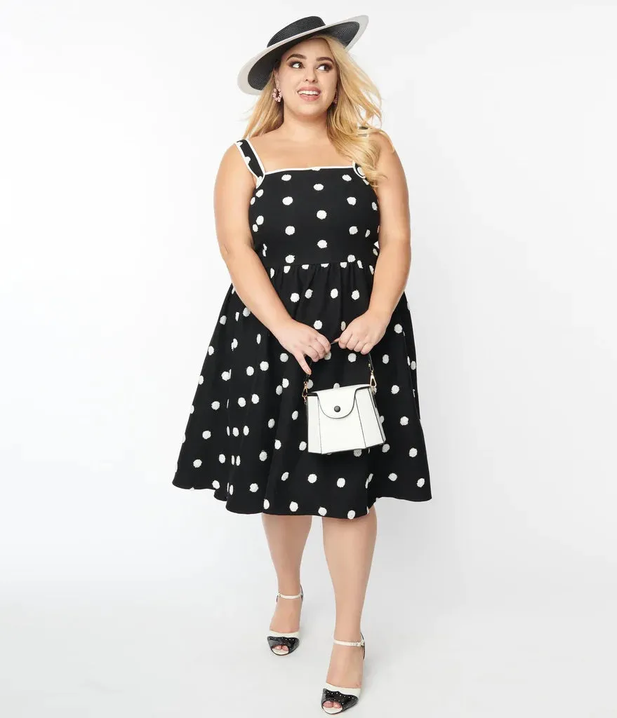 Black and Ivory Flocked Polka Dot Pinafore Swing Dress