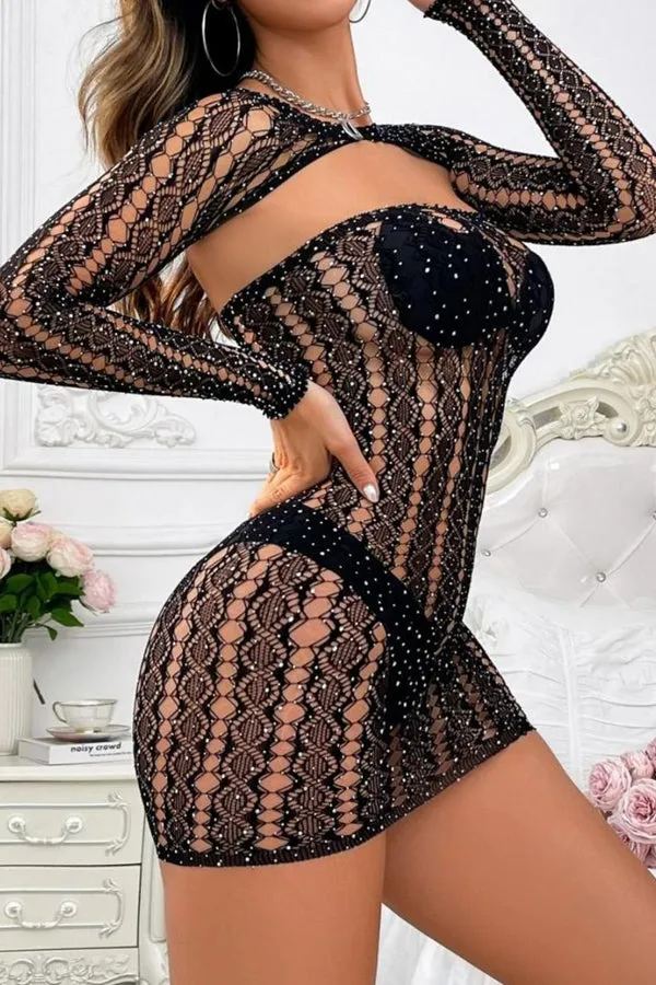 Black Fishnet Rhinestone Mini Dress