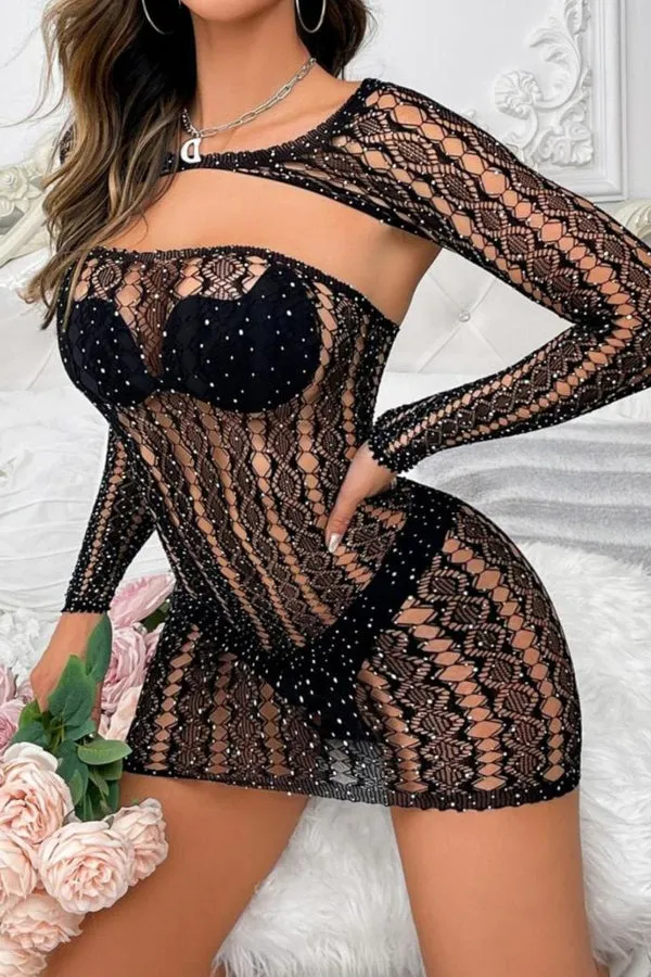 Black Fishnet Rhinestone Mini Dress