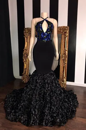 Black Long Mermaid Prom Dresses Elegant Halter Sequins Evening Gowns