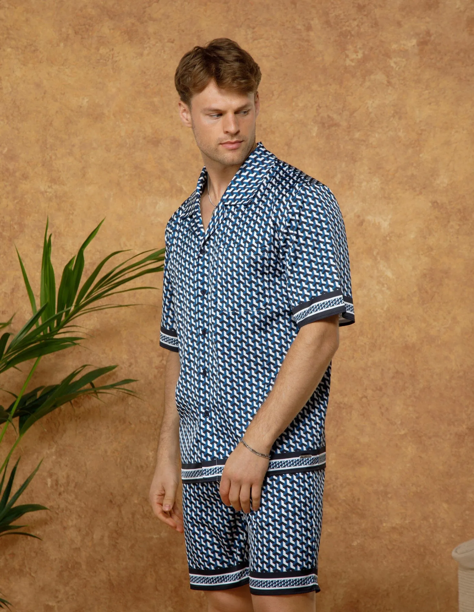 Blue Mono Illusion Panel Resort Shirt