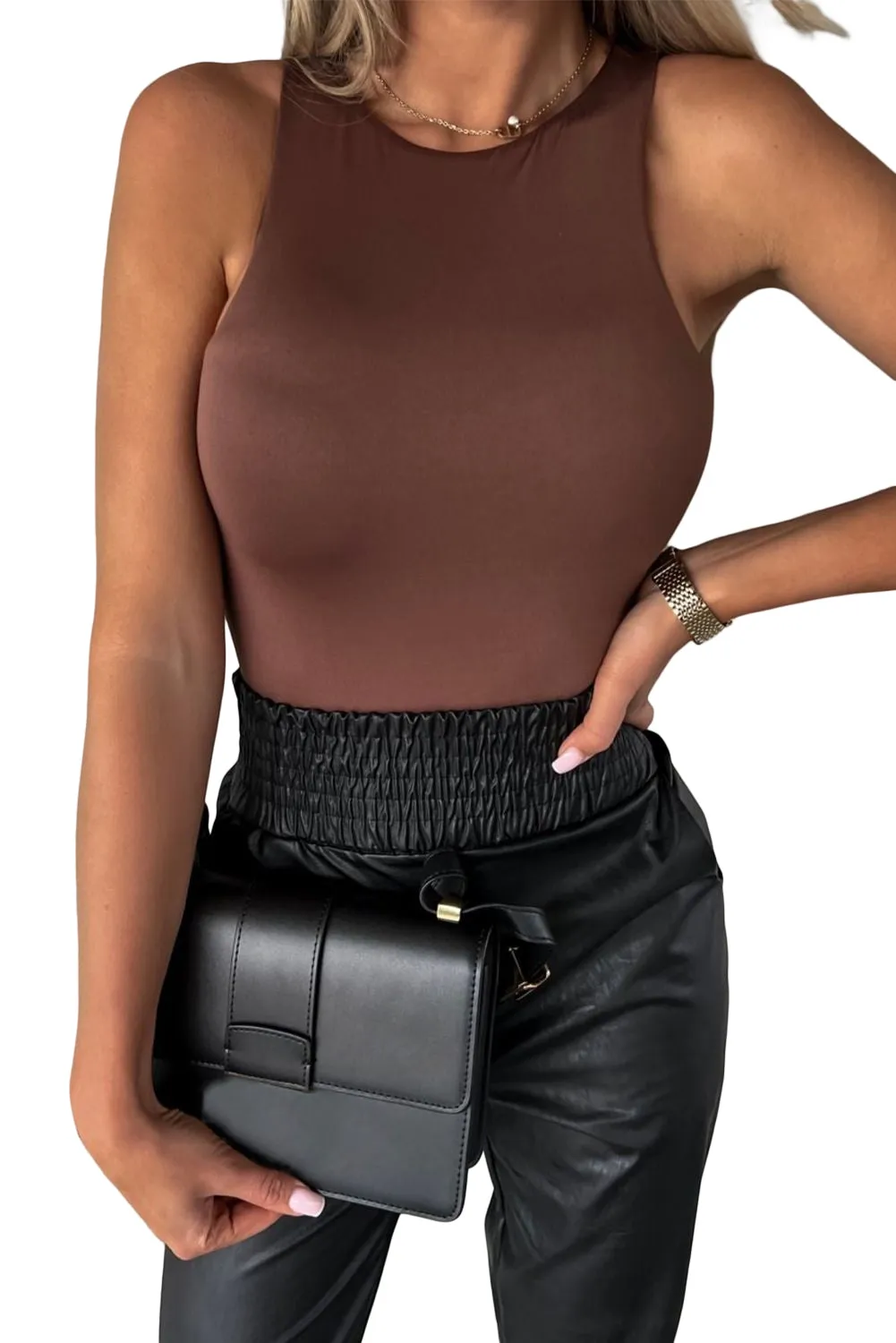 Brown Solid Crew Neck Sleeveless Bodysuit