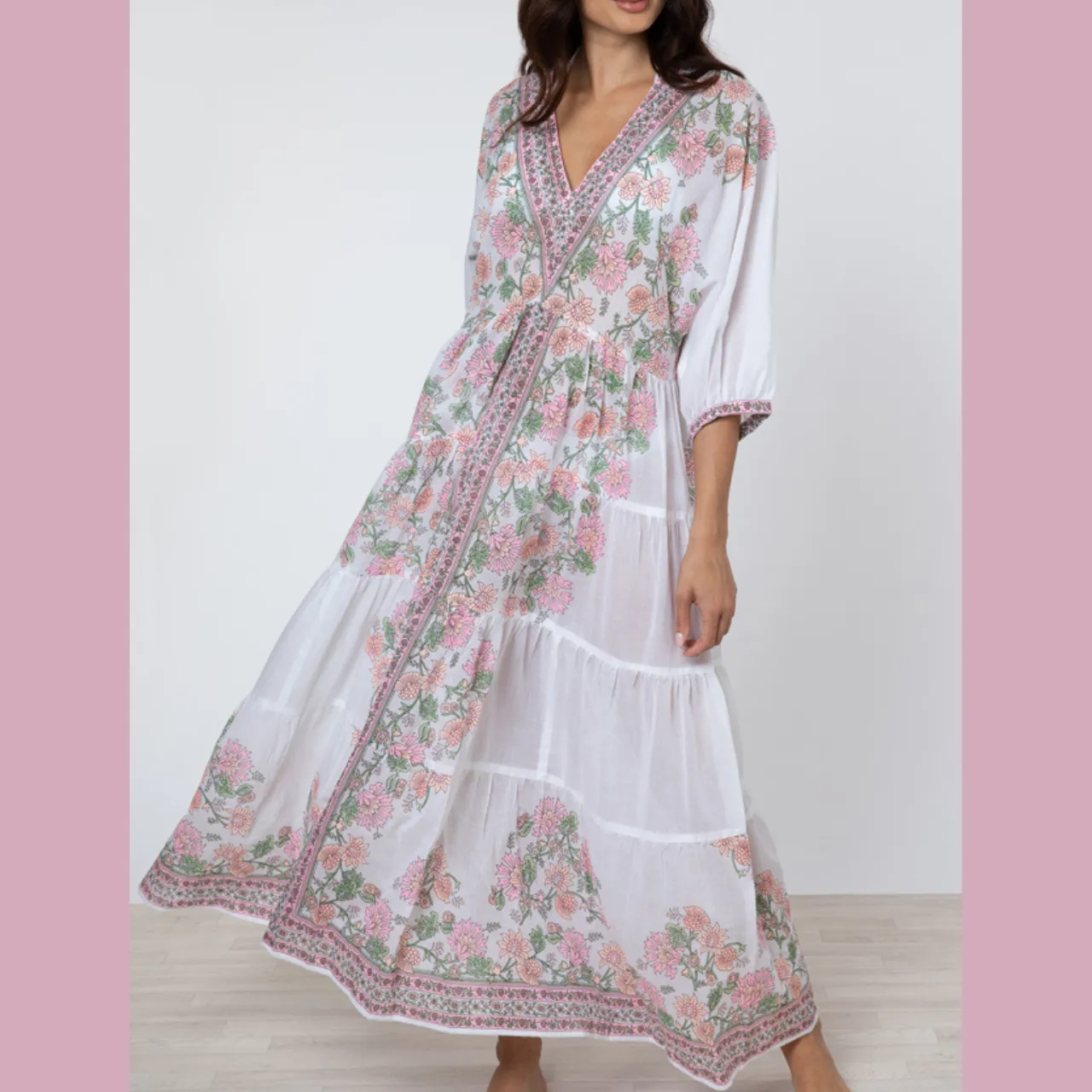 Candy Pink Rose Border V-Neck Loose Maxi Dress