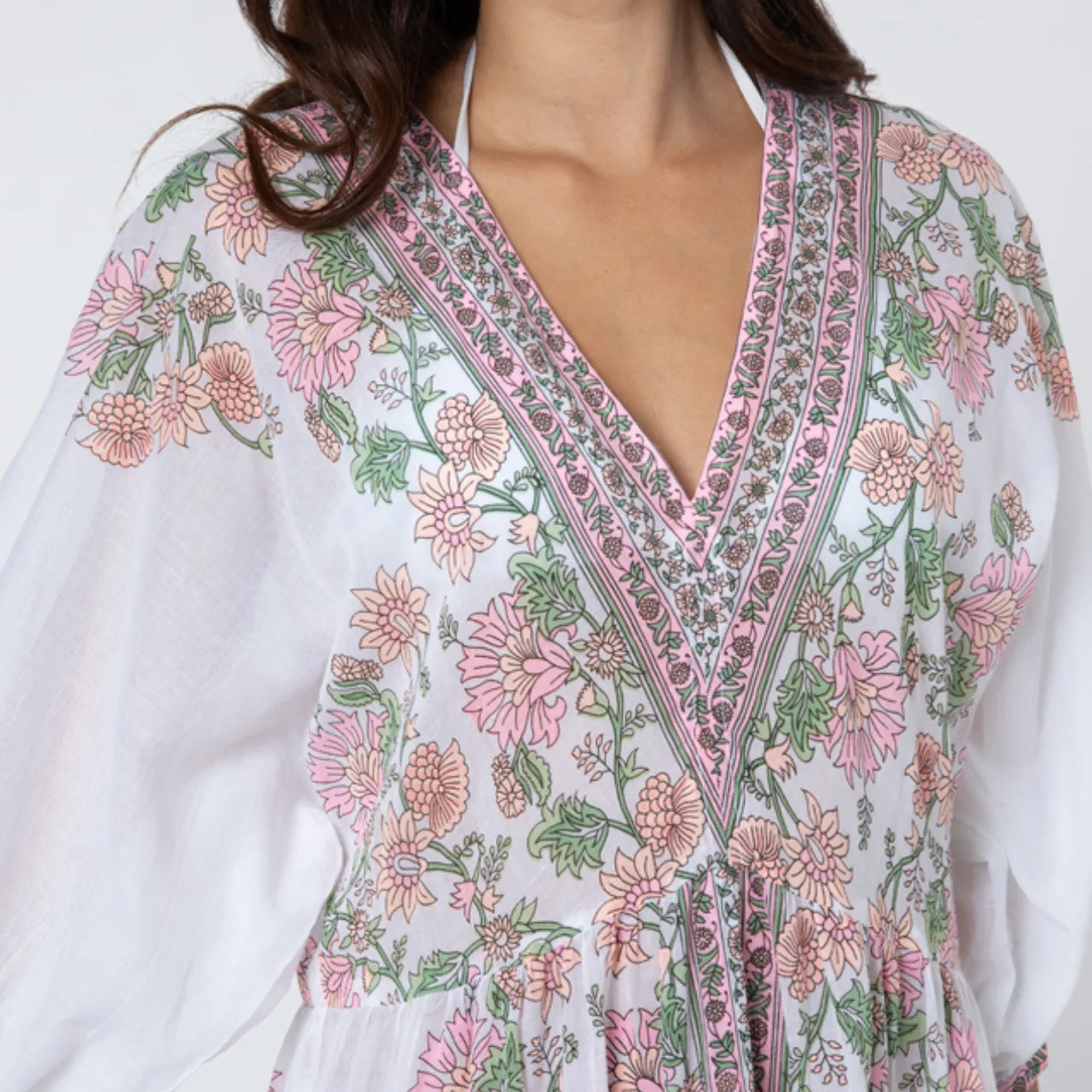 Candy Pink Rose Border V-Neck Loose Maxi Dress