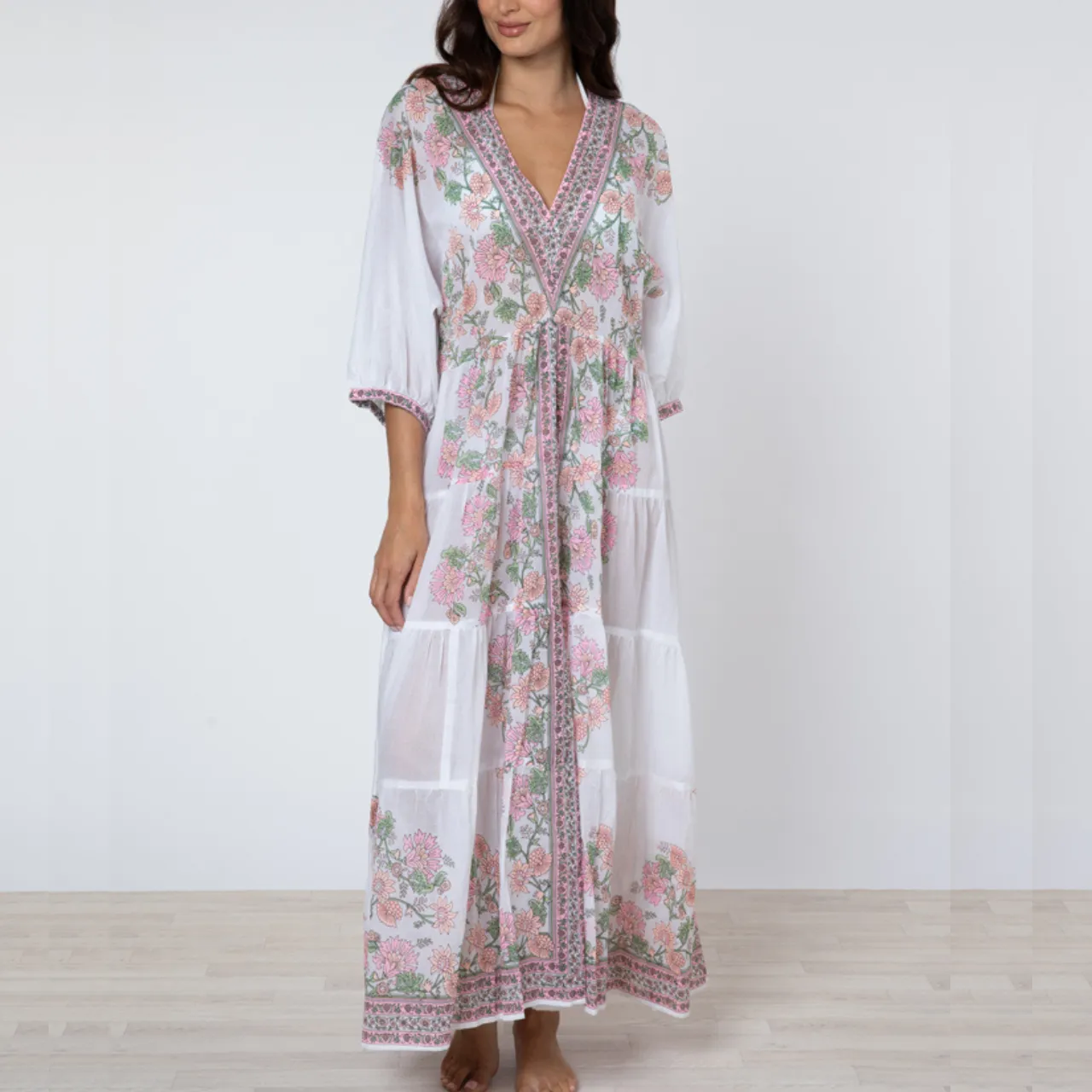 Candy Pink Rose Border V-Neck Loose Maxi Dress