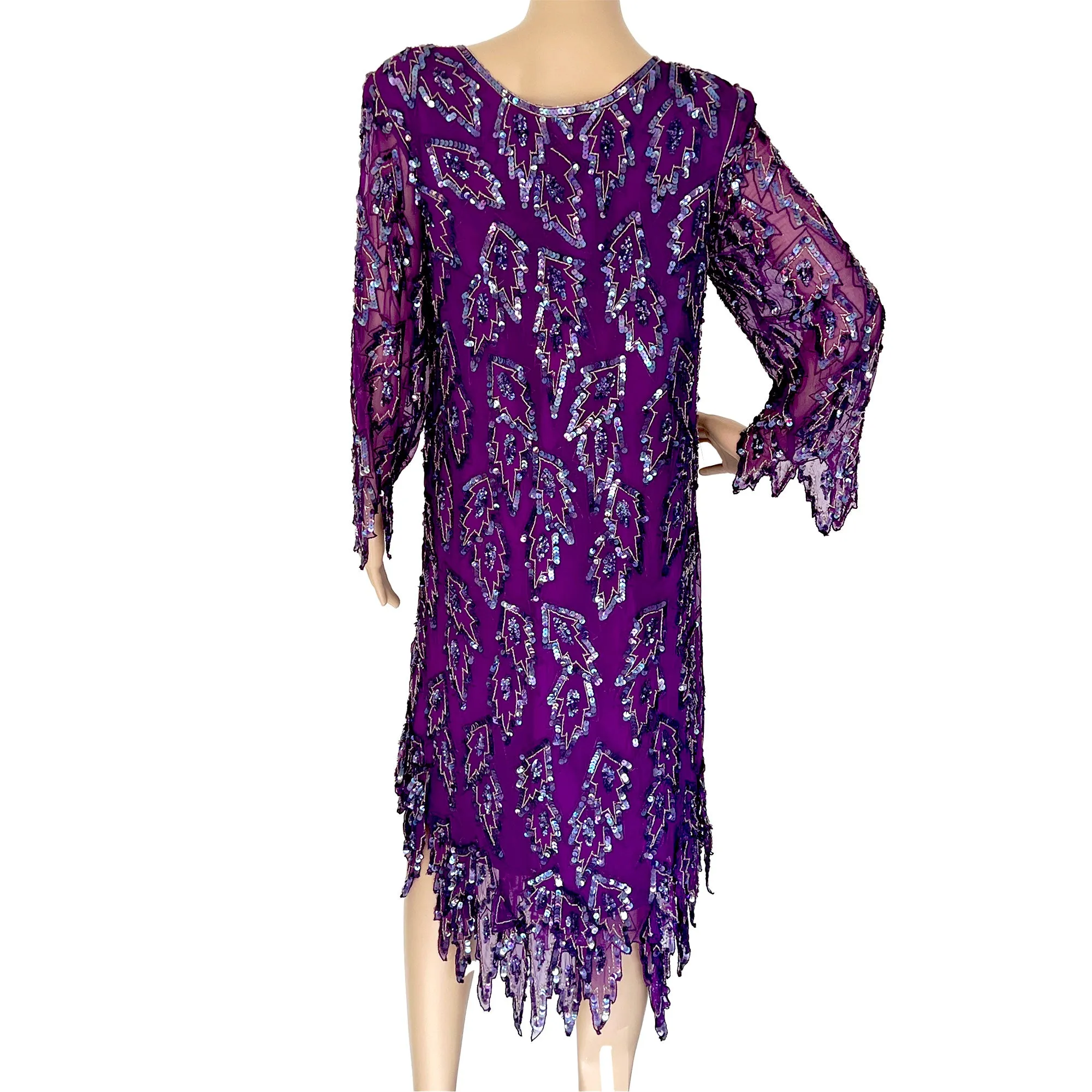 Carina Purple Beaded Silk Party Dress - Size L - Asymmetrical Hem