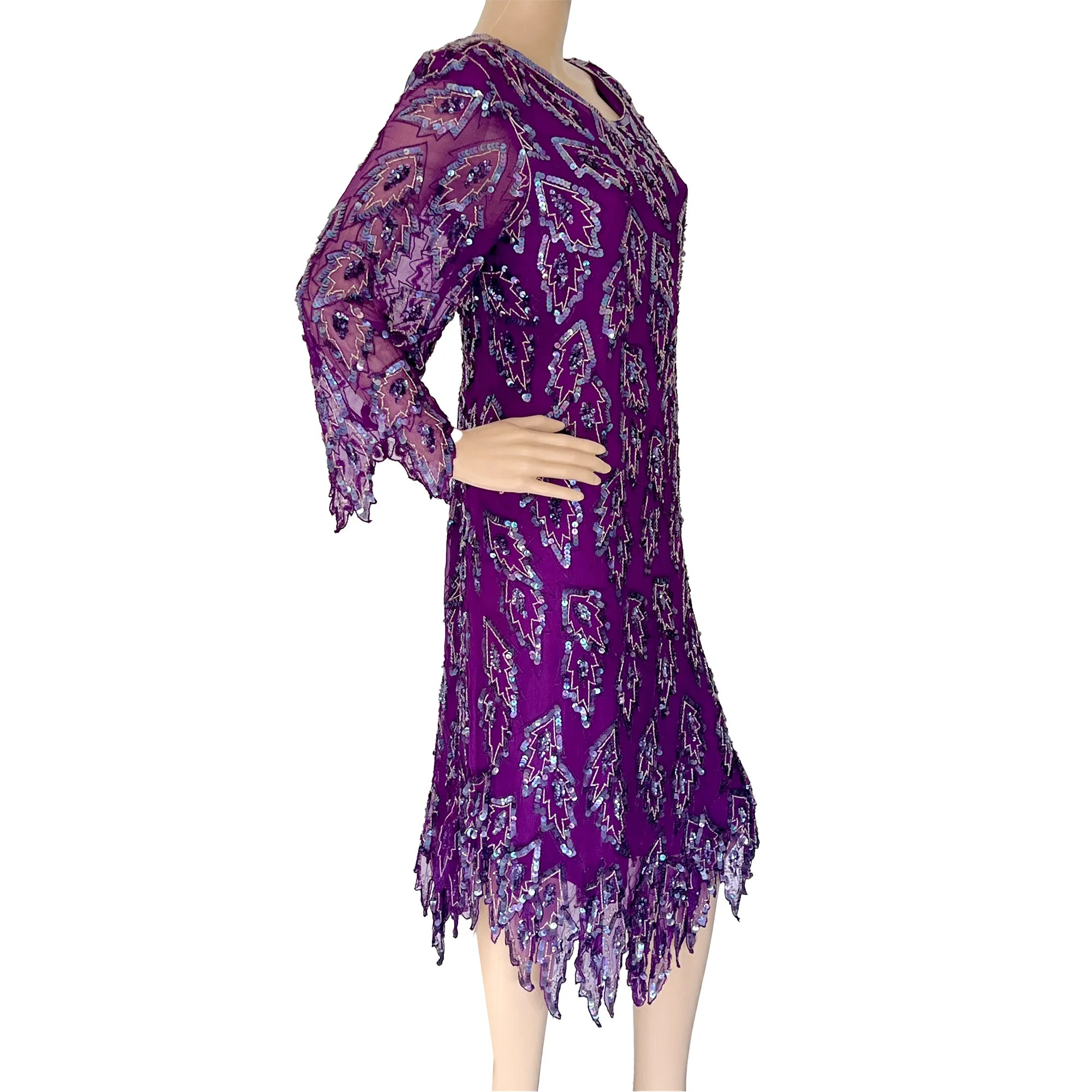 Carina Purple Beaded Silk Party Dress - Size L - Asymmetrical Hem