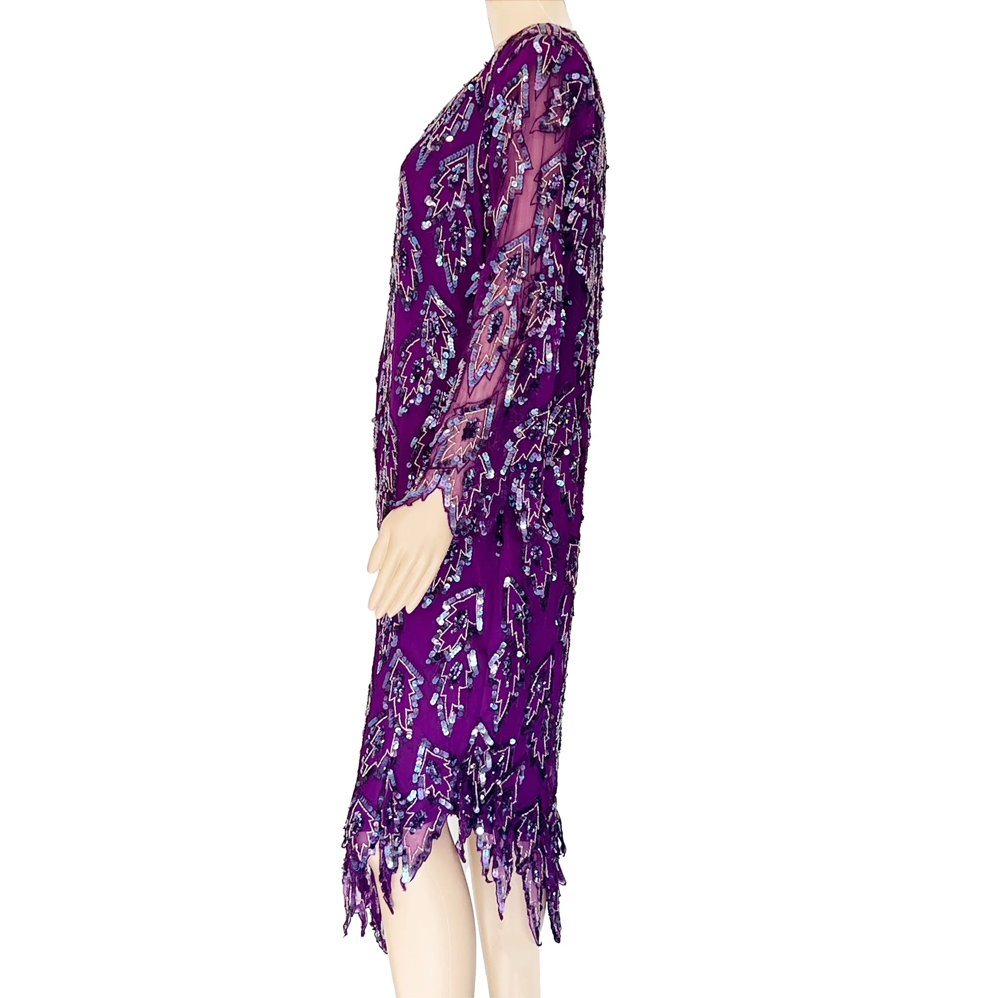 Carina Purple Beaded Silk Party Dress - Size L - Asymmetrical Hem