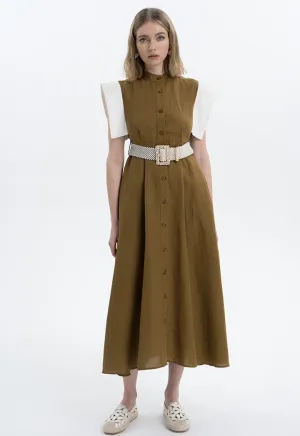 Contrast Flap Maxi Linen Dress