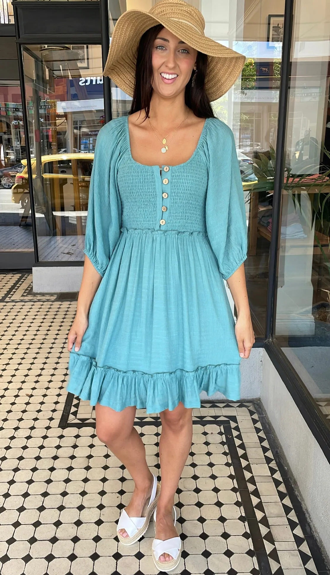 Danny Button Front Mini Dress Aqua