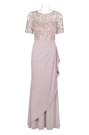 Decode Crew Neck Short Sleeve Zipper Back Illusion Floral Lace Bodice Gathered Side Drape Jersey Gown