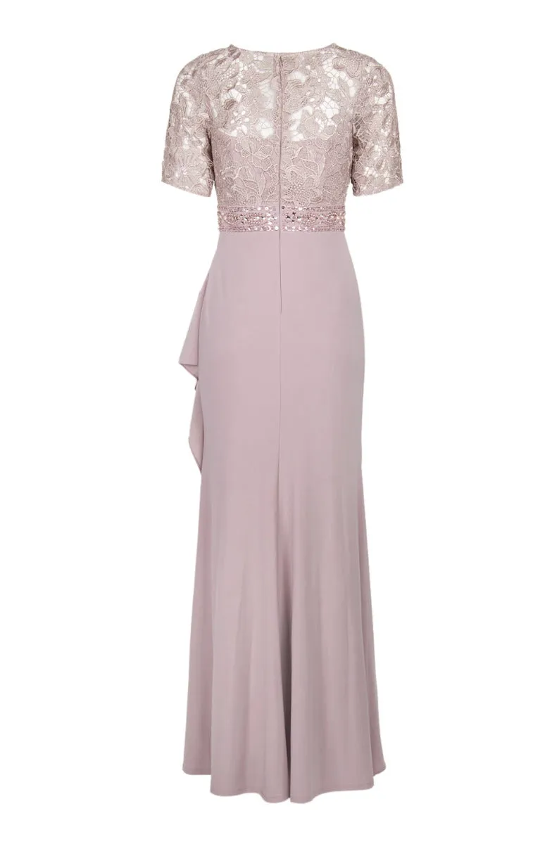 Decode Crew Neck Short Sleeve Zipper Back Illusion Floral Lace Bodice Gathered Side Drape Jersey Gown