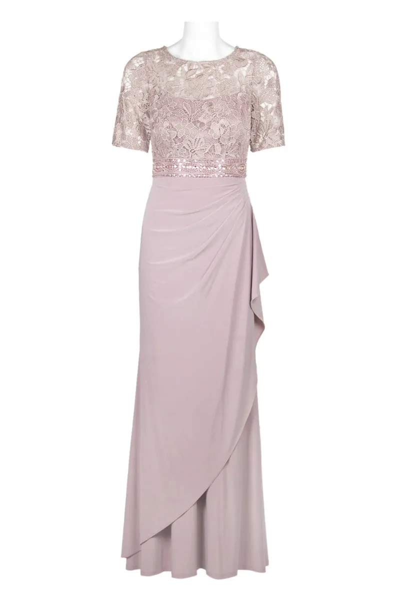 Decode Crew Neck Short Sleeve Zipper Back Illusion Floral Lace Bodice Gathered Side Drape Jersey Gown