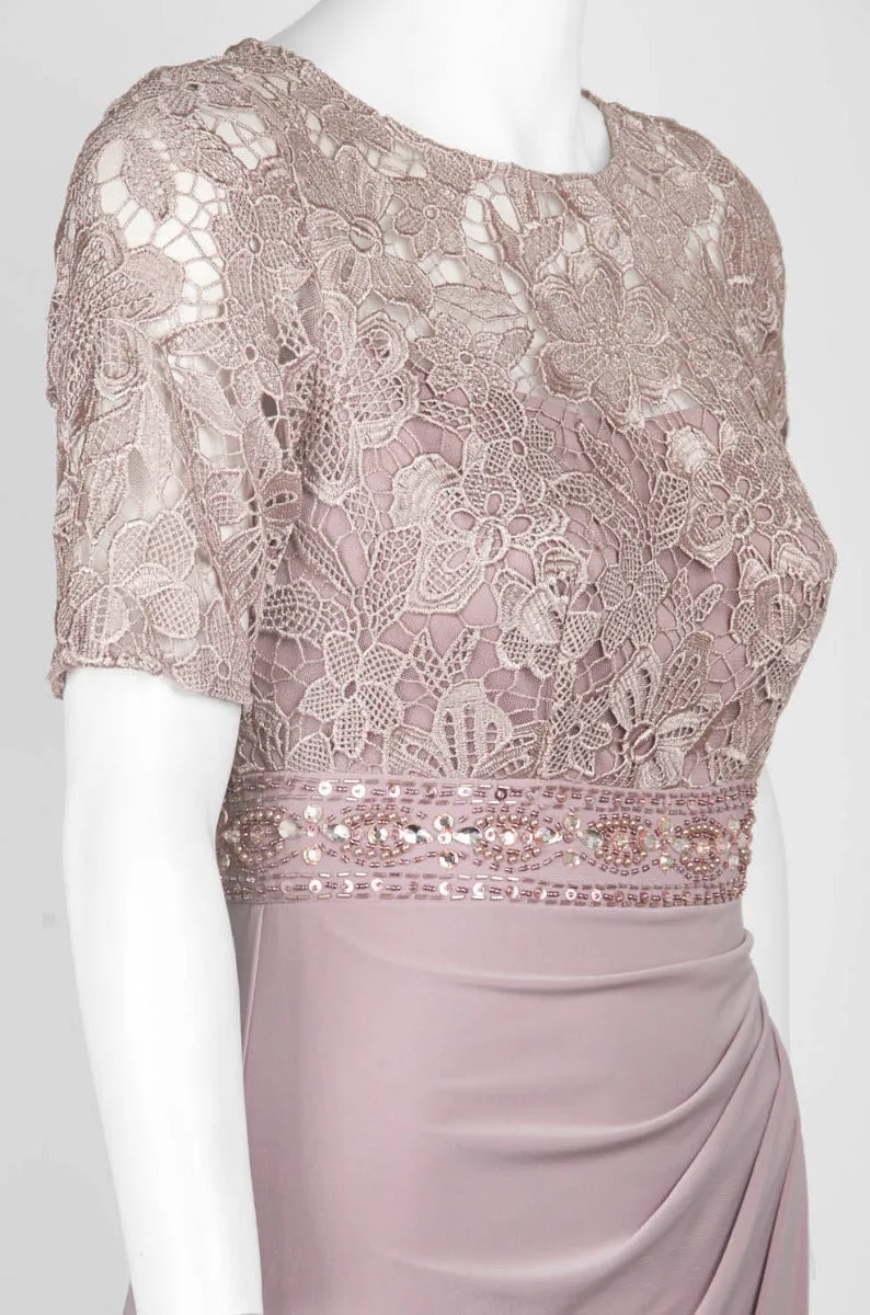 Decode Crew Neck Short Sleeve Zipper Back Illusion Floral Lace Bodice Gathered Side Drape Jersey Gown