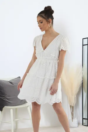 Double Second Puff Sleeve White Broderie Dress