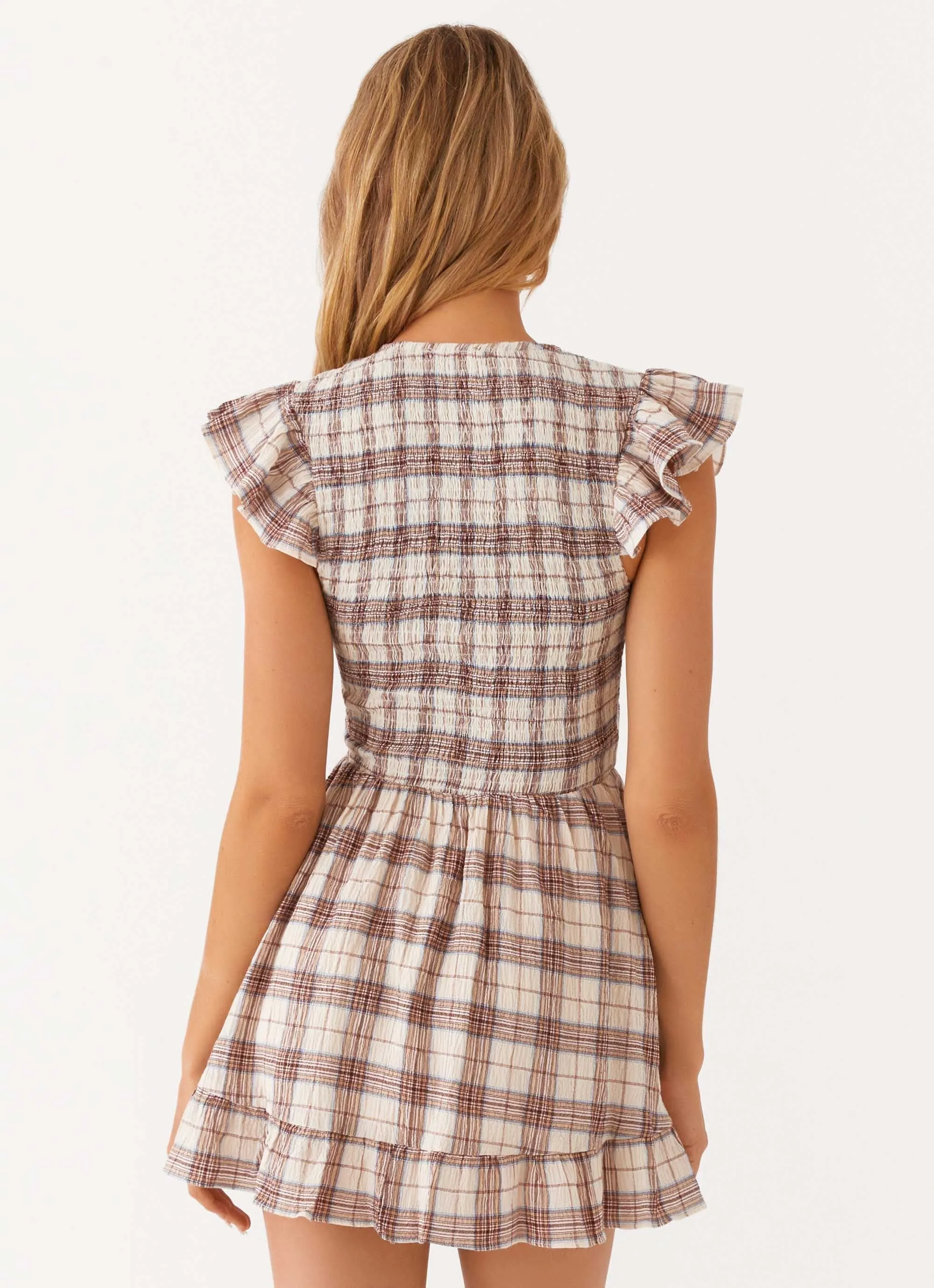 Duffie Shirring Mini Dress - Yellow Check