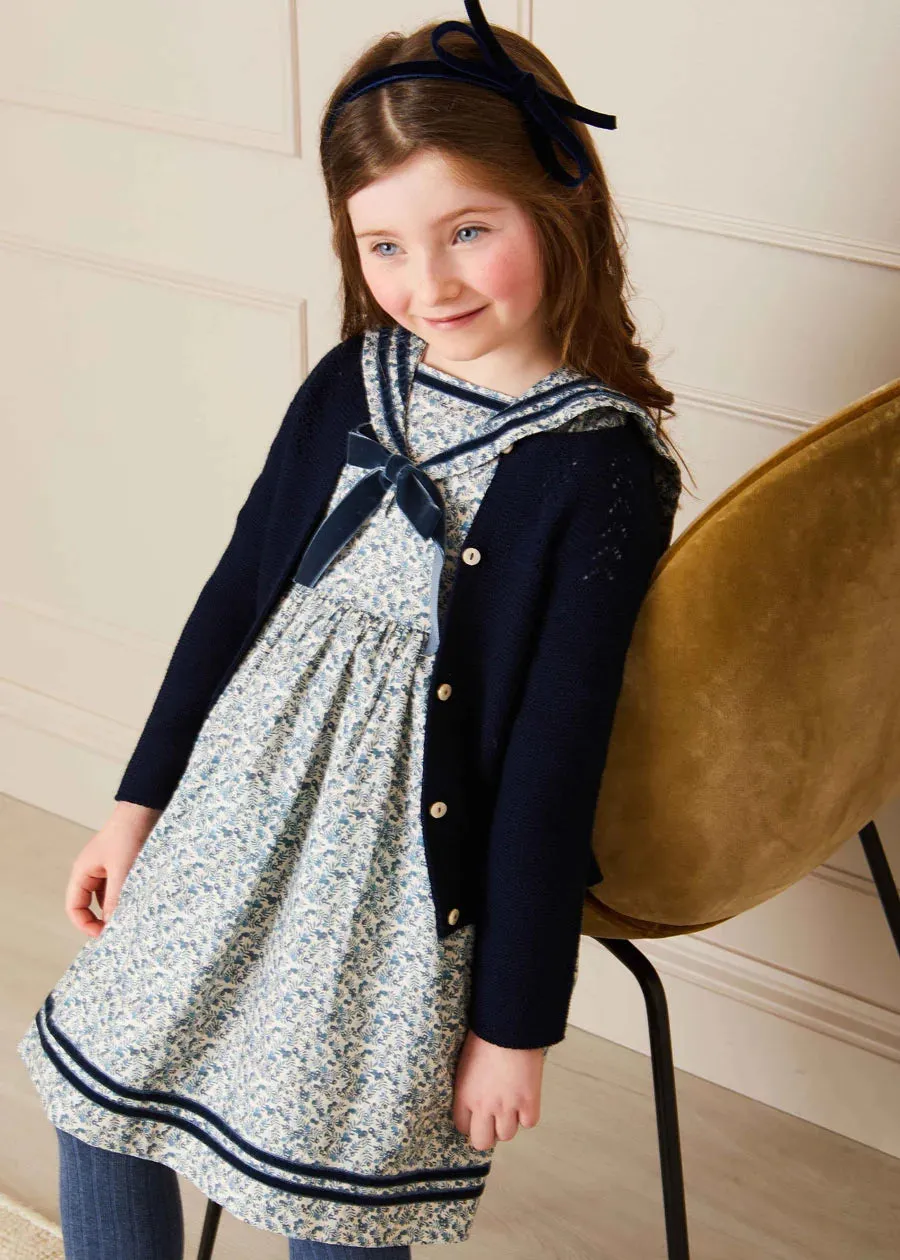 Evelyn Floral Mariner Collar Long Sleeve Dress in Blue (18mths-10yrs)