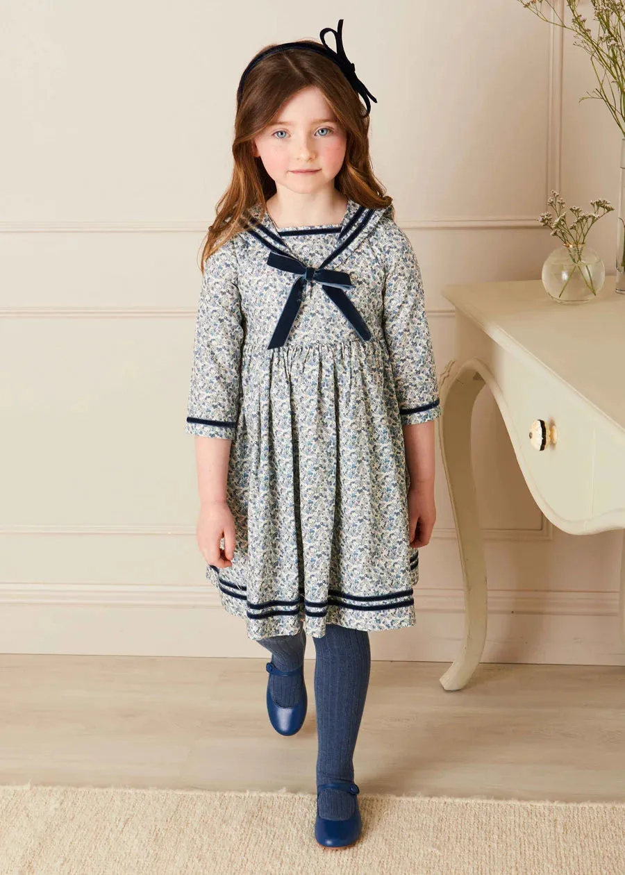 Evelyn Floral Mariner Collar Long Sleeve Dress in Blue (18mths-10yrs)